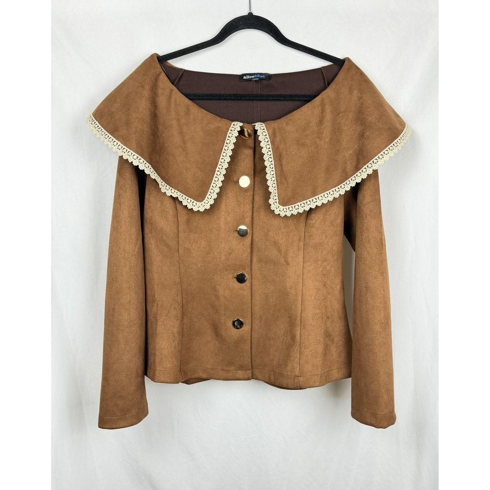 Alice Blue Faux Suede Lace Collar Jacket XL Brown Cottagecore Vintage Style NWT